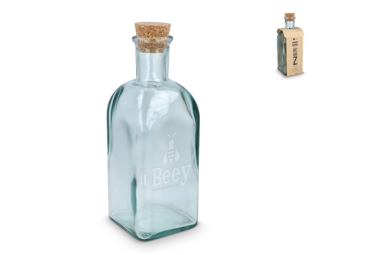 InSideOut Vierkante Gerecycled glas Waterfles ReuuZ met kurkstop 500ml 1