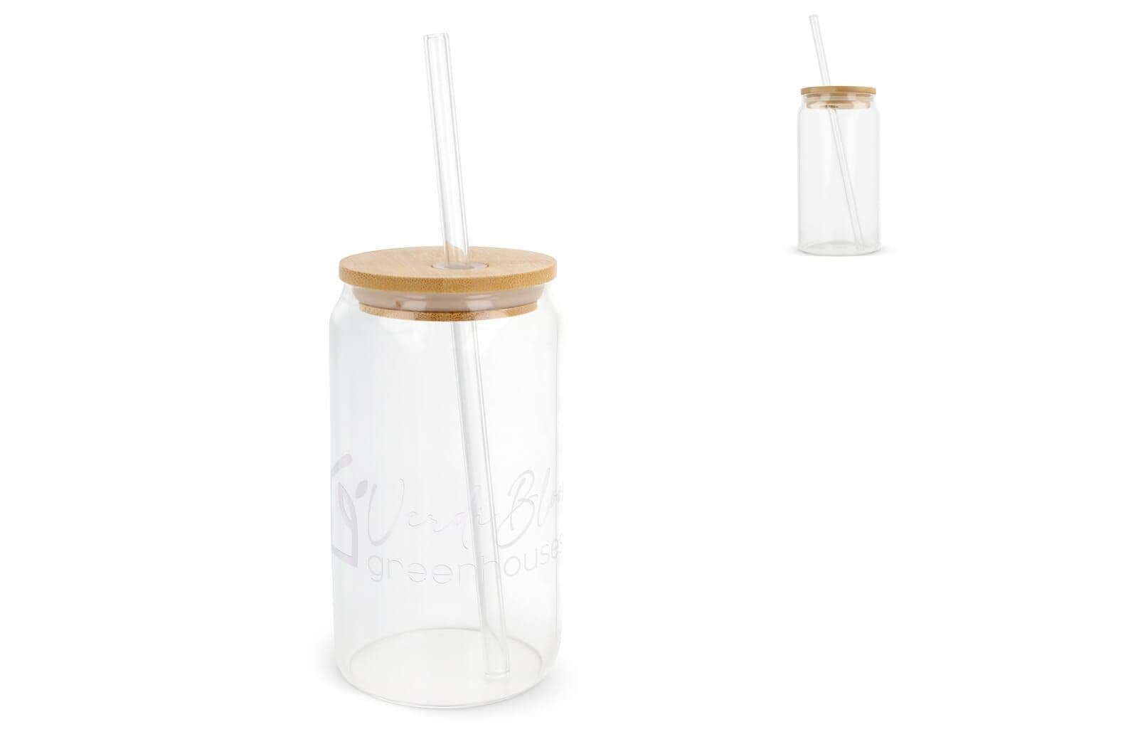 Glas met bamboe deksel & rietje 450 ml 1