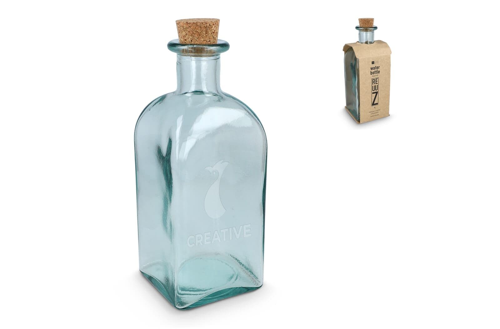 InSideOut Vierkante Gerecycled glas Waterfles ReuuZ met kurkstop 1L 1