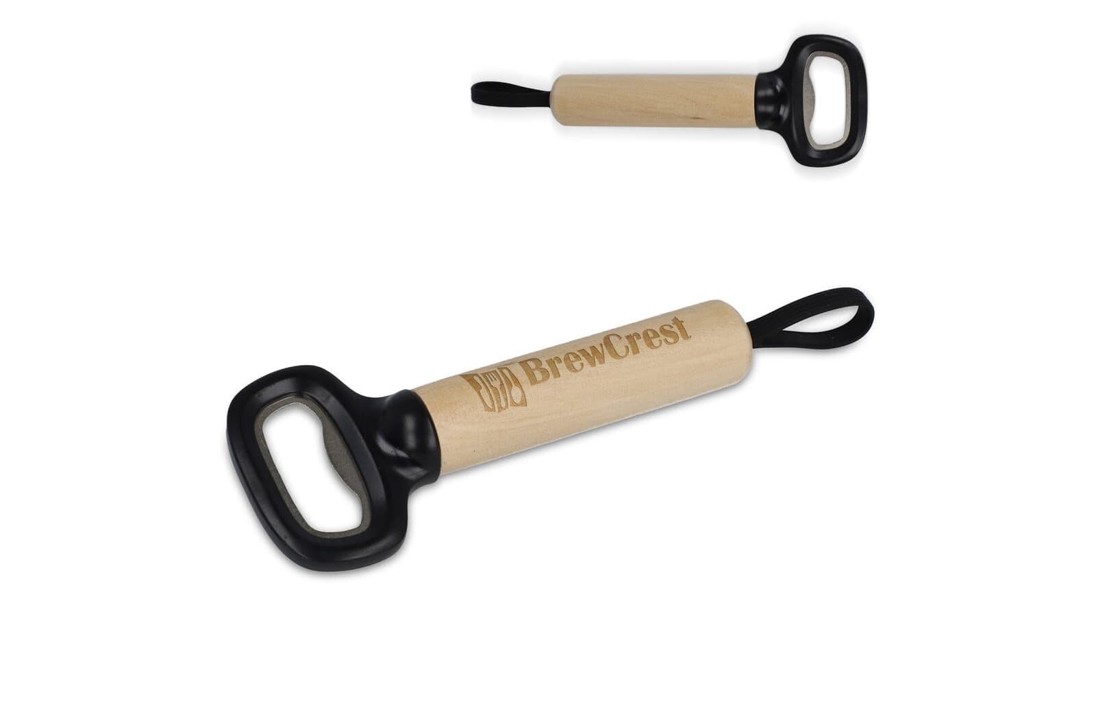 Flesopener met houten handvat en riem 1