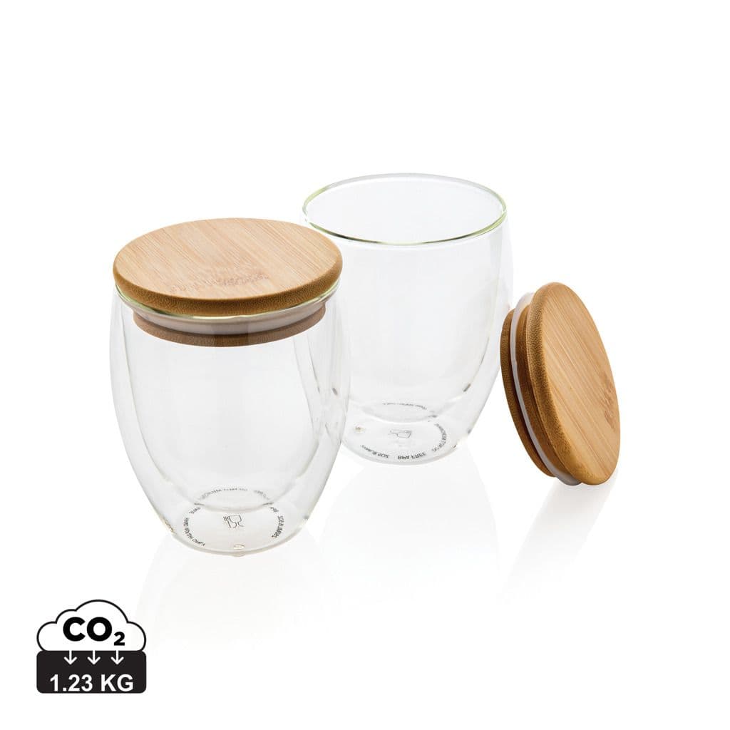 Dubbelwandig borosilicaatglas met bamboe deksel 250ml set 1
